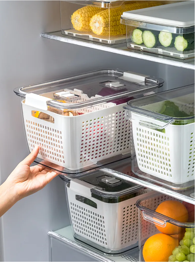 Caja de almacenamiento para nevera, contenedores de frutas y verduras frescas, cesta de drenaje con tapa, organizador de herramientas de cocina