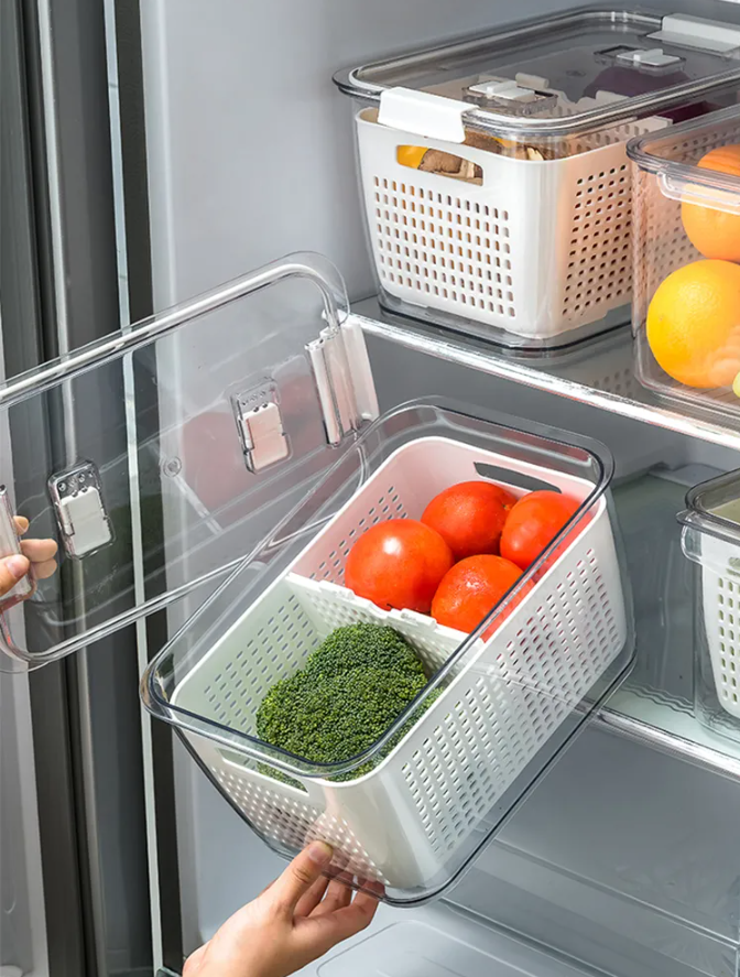 Caja de almacenamiento para nevera, contenedores de frutas y verduras frescas, cesta de drenaje con tapa, organizador de herramientas de cocina