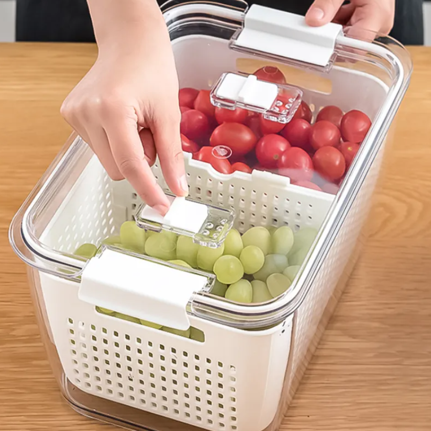 Caja de almacenamiento para nevera, contenedores de frutas y verduras frescas, cesta de drenaje con tapa, organizador de herramientas de cocina